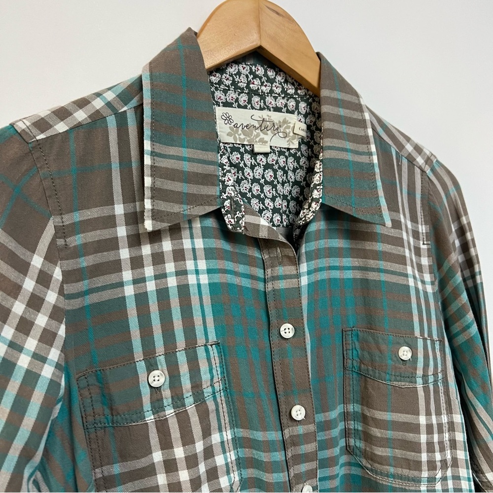 Aventura 100% Organic Cotton Button Down Shirt Turquoise Plaid Hiking Outdoors L - Picture 2 of 9